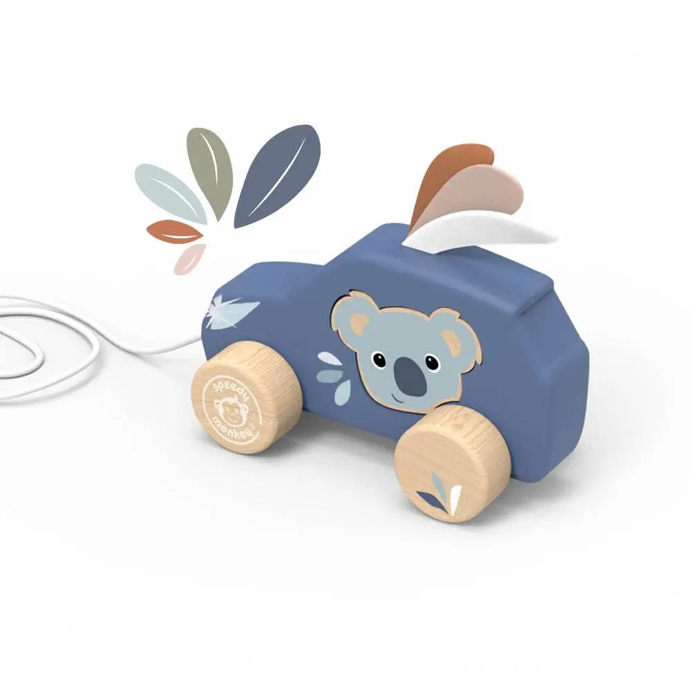 Wooden toy car with a koala design on a white background