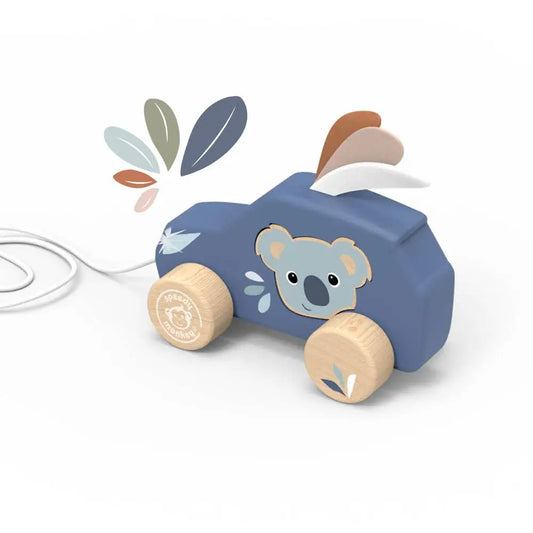 Wooden toy car with a koala design on a white background