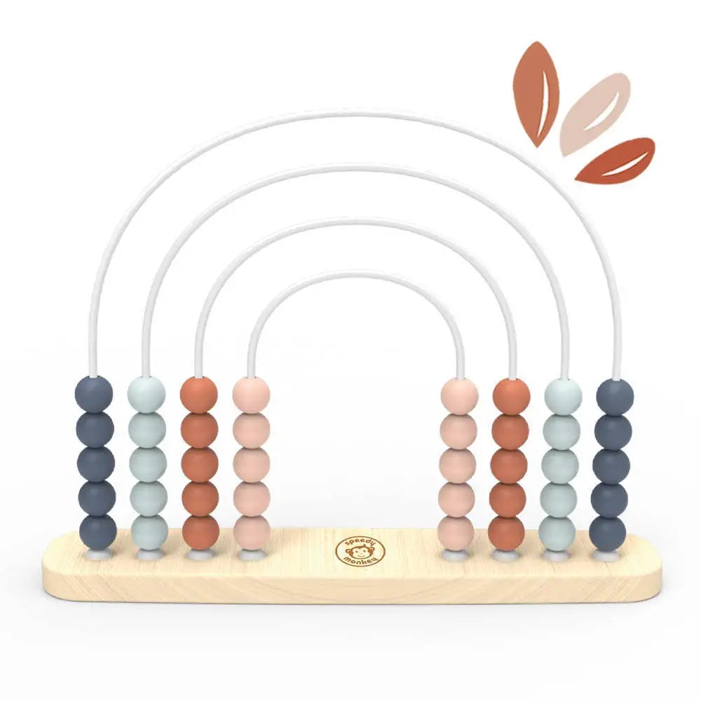 Wooden abacus toy with colourful beads on a white background