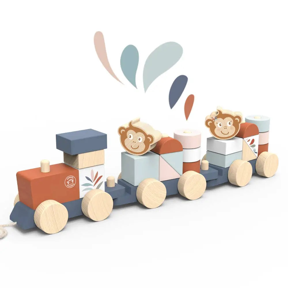 Wooden toy train with monkey figures and geometric blocks on a white background