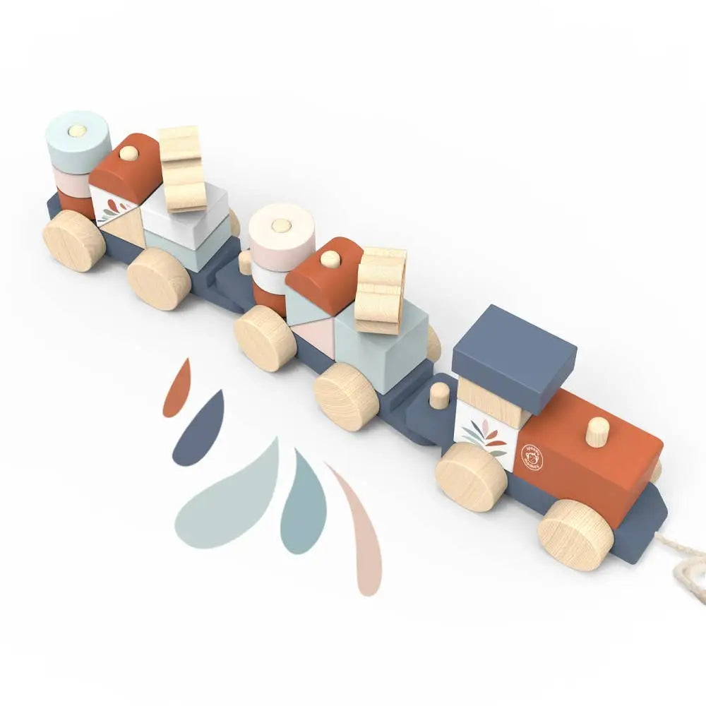 Wooden toy train with colourful cars on a white background