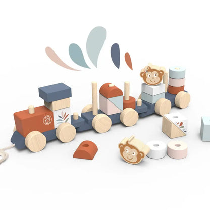Wooden toy train with monkey figures and geometric blocks on a white background