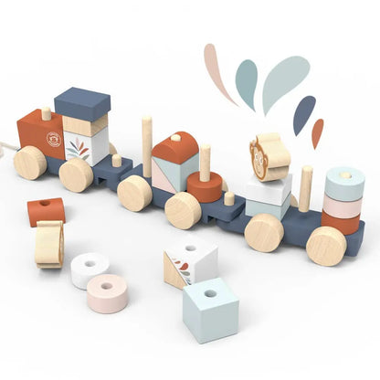 Wooden toy train set with colourful blocks on a white background