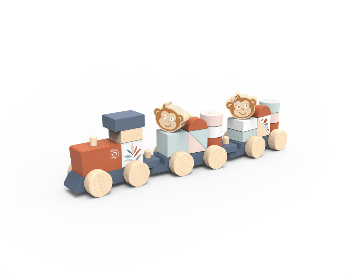 A wooden toy train set with colourful geometric blocks and monkey figures on a plain white background.