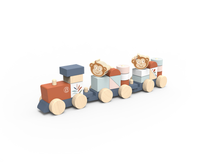 A wooden toy train set with colourful geometric blocks and monkey figures on a plain white background.