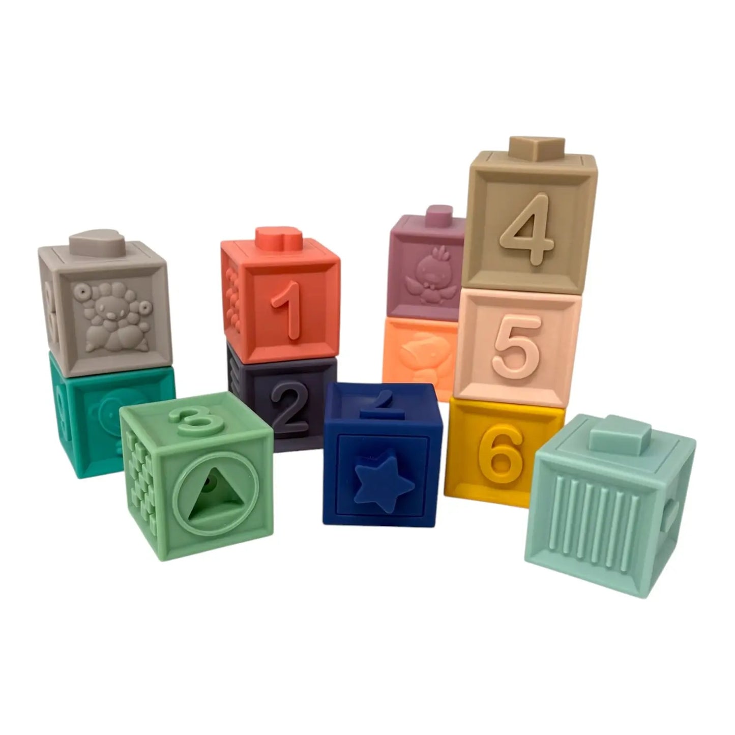 Colourful set of building blocks with numbers and shapes on a white background