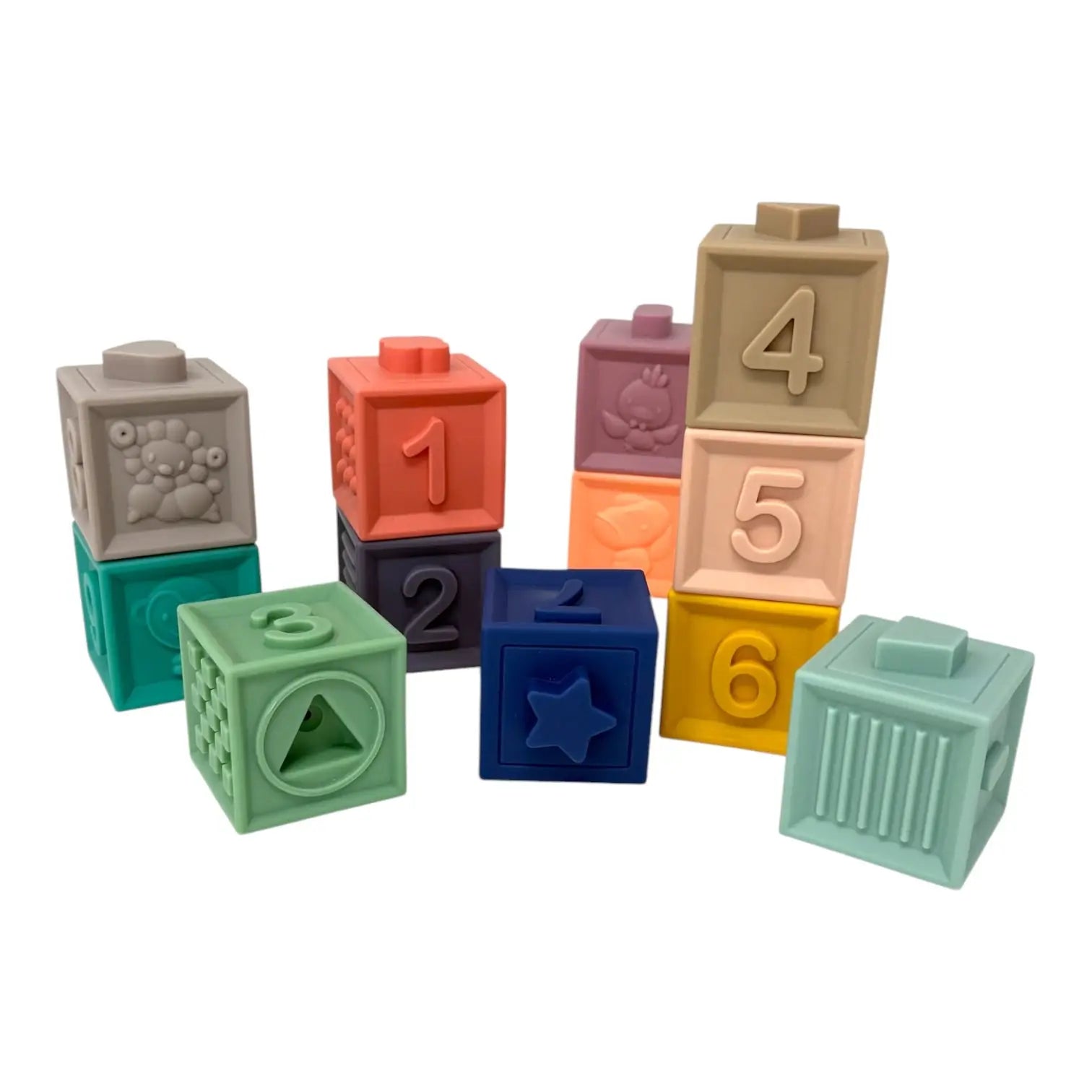 Colourful set of building blocks with numbers and shapes on a white background