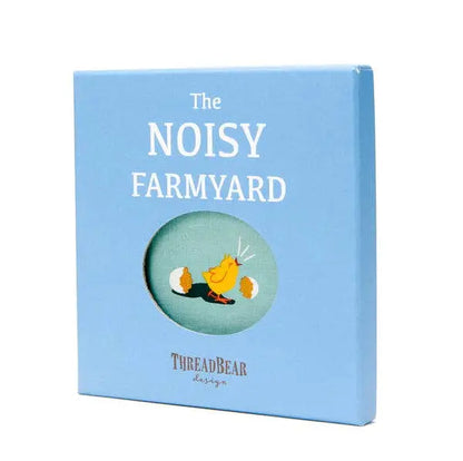 Book titled 'The Noisy Farmyard' by ThreadBear Design on a light blue background
