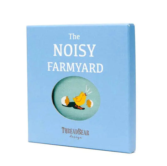Book titled 'The Noisy Farmyard' by ThreadBear Design on a light blue background