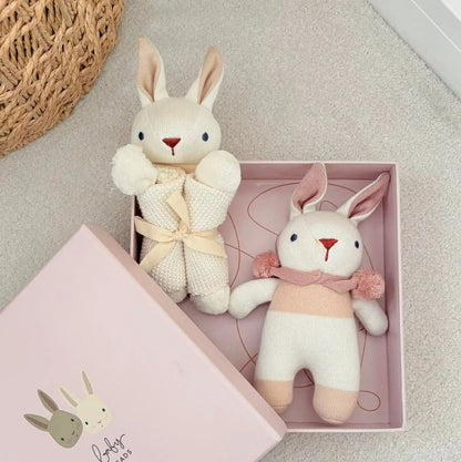 Two plush rabbit toys in a pink box on a textured surface