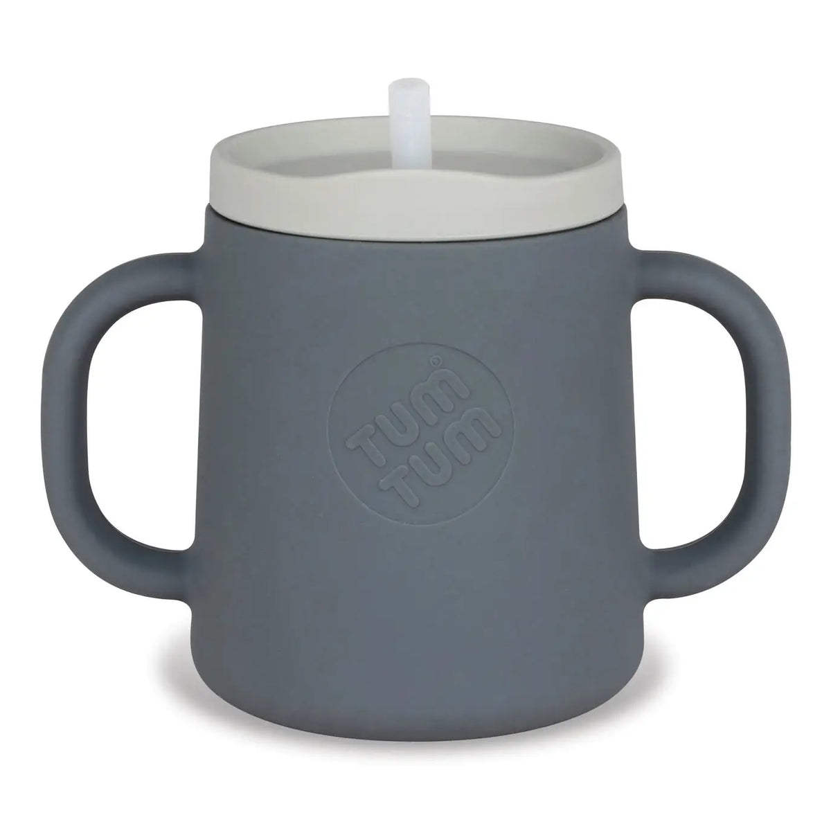 A dark grey silicone baby tumbler with integrated side handles, a light grey lid, and a white straw, featuring an embossed circular 'TUM TUM' logo on the front.