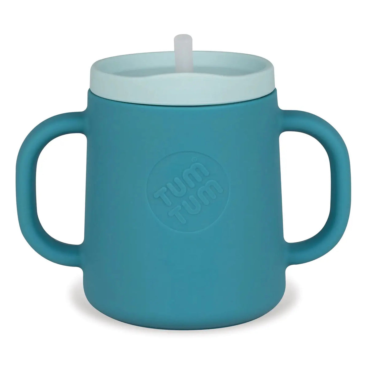 A teal blue silicone baby tumbler with integrated side handles, a matching lid, and a white straw spout. The brand name 'Tum Tum' is embossed in a circle on the front of the cup.