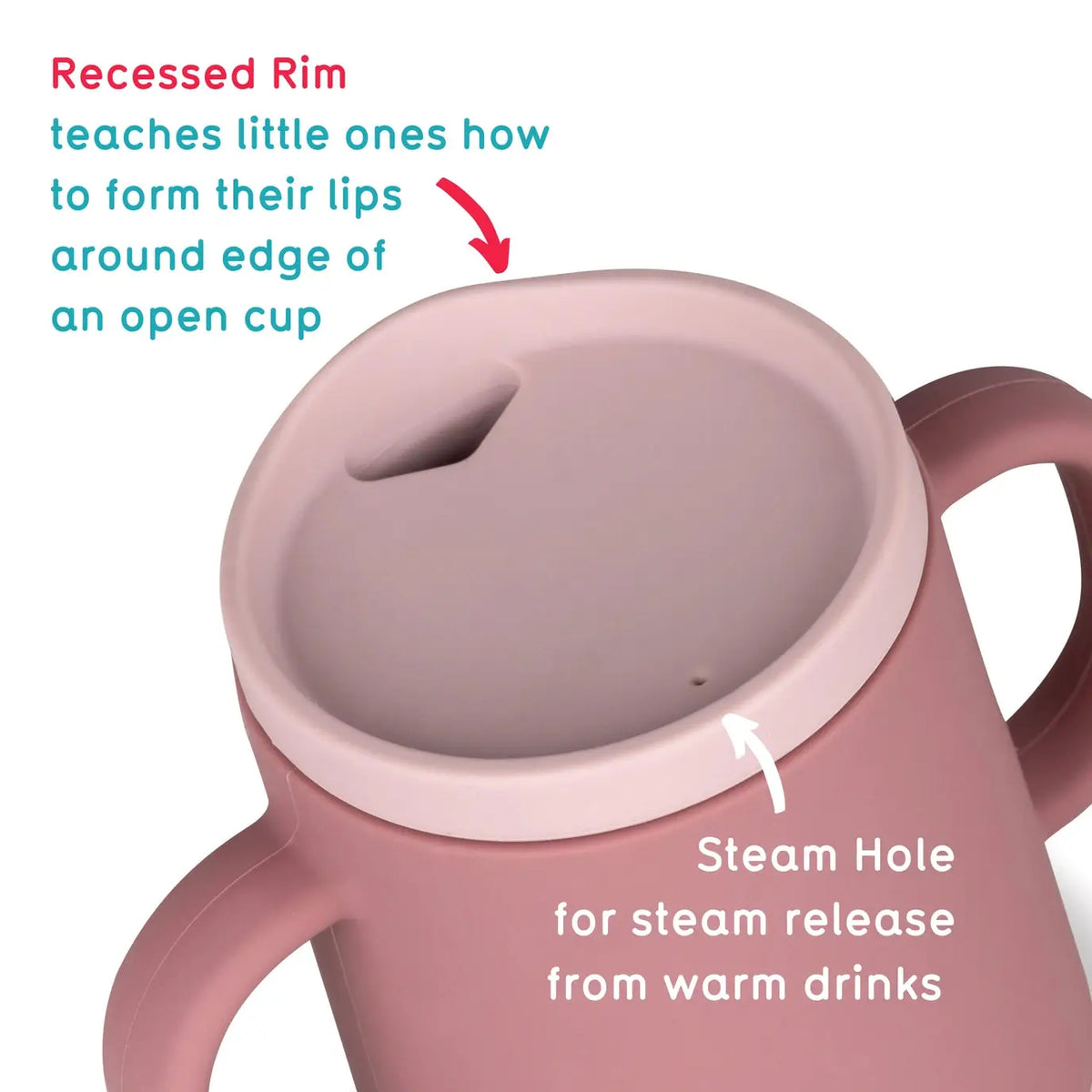 Pink sippy cup with text highlighting features like a recessed rim and steam hole on a white background.