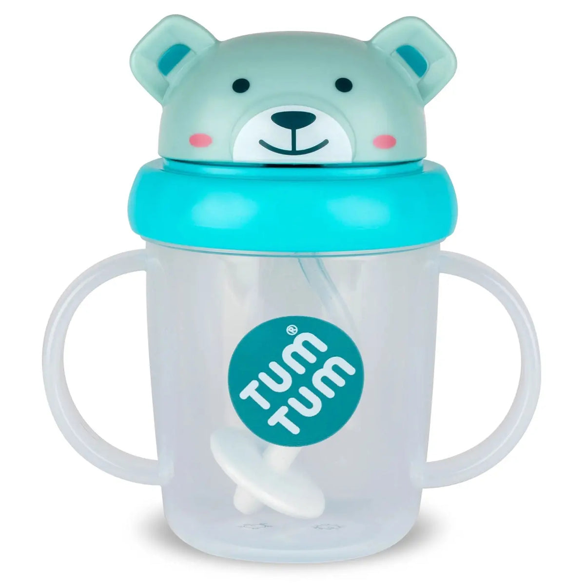 A clear plastic baby tumbler with two handles, a turquoise lid, and a mint green bear-shaped top. The cup features a teal circular sticker on the front with the brand name 'TUM TUM'.