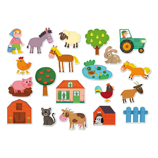 A set of colourful farm-themed magnet cutouts arranged on a plain white background, including animals, a tractor, trees, a house, and a fence.