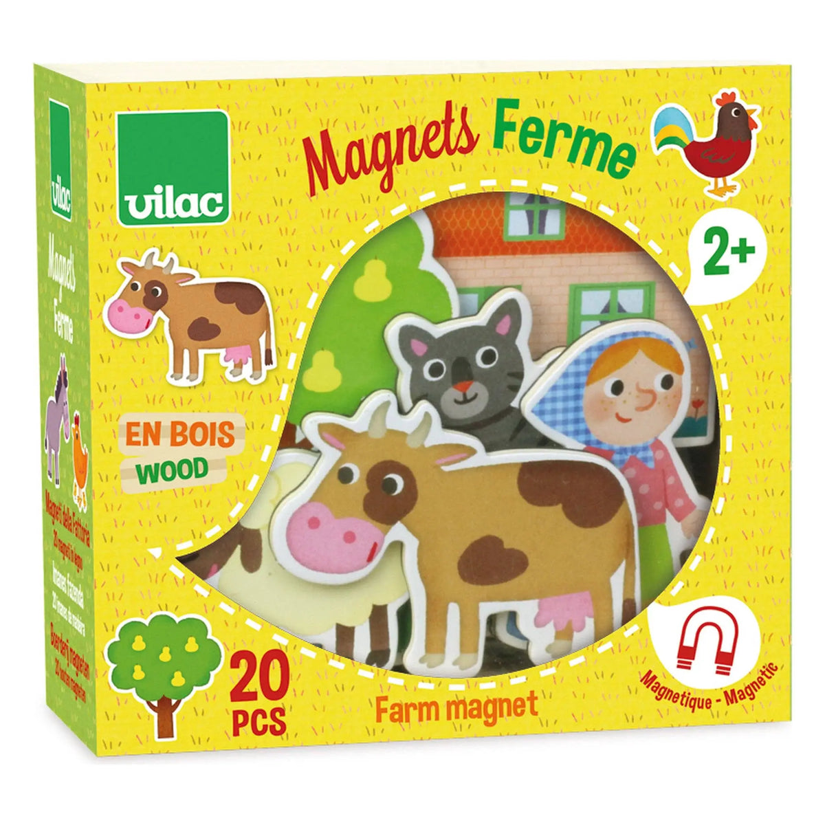 Vilac Farm Magnet toy set in its original yellow packaging, featuring 20 wooden farm-themed magnets including a cow, chicken, cat, and a girl.