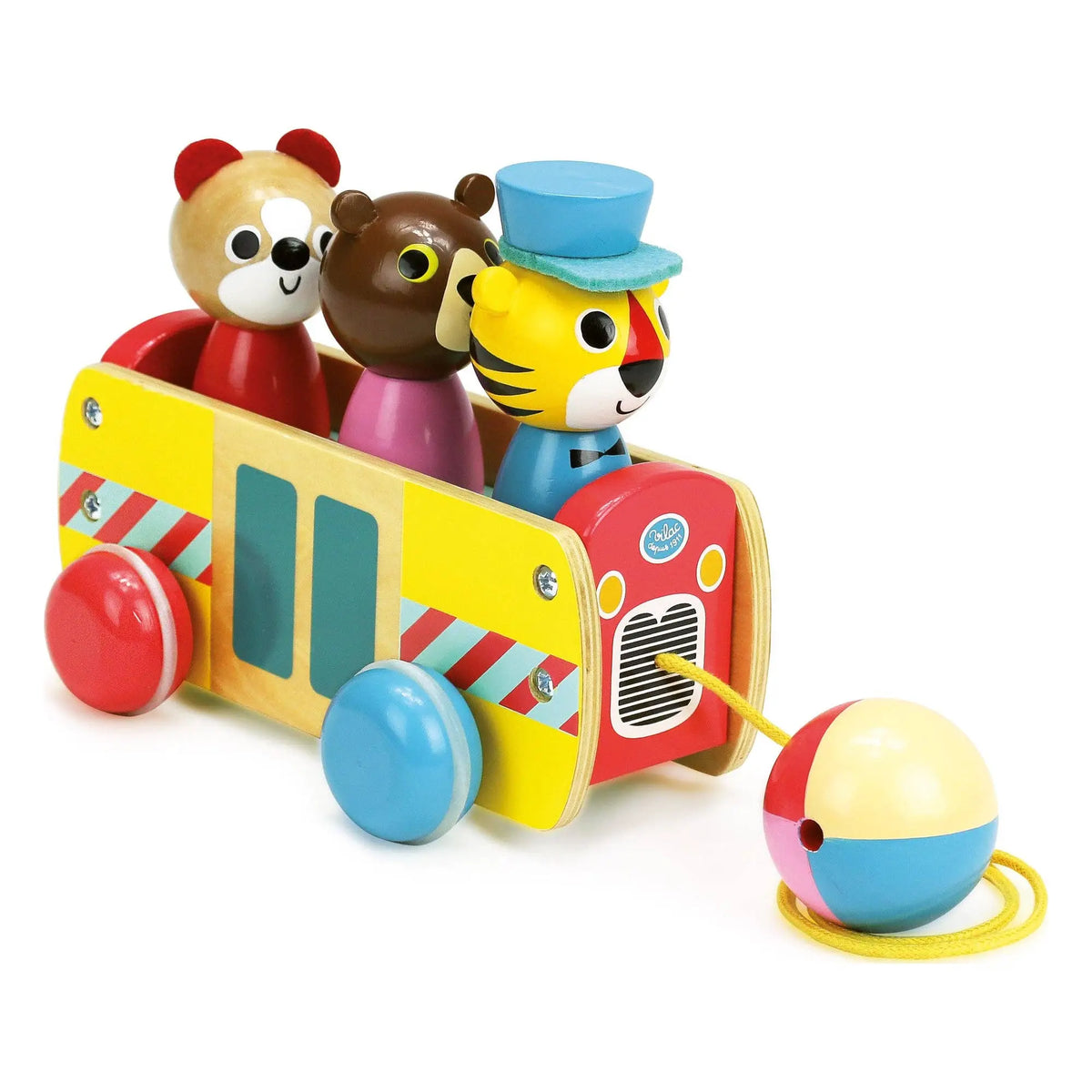 A colourful wooden toy train with animal characters, featuring a yellow body, red front panel, blue wheels, and three toy animals sitting inside, shown on a white background with a yellow ball attached by a string.