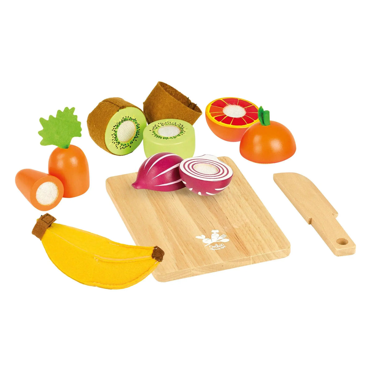 Wooden toy fruit and vegetable cutting board play set with a wooden cutting board, knife, banana, carrot, kiwi, orange, and onion pieces on a white background.