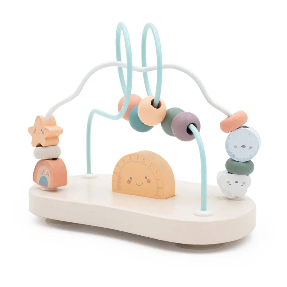 Children's toy with beads and shapes on a white background