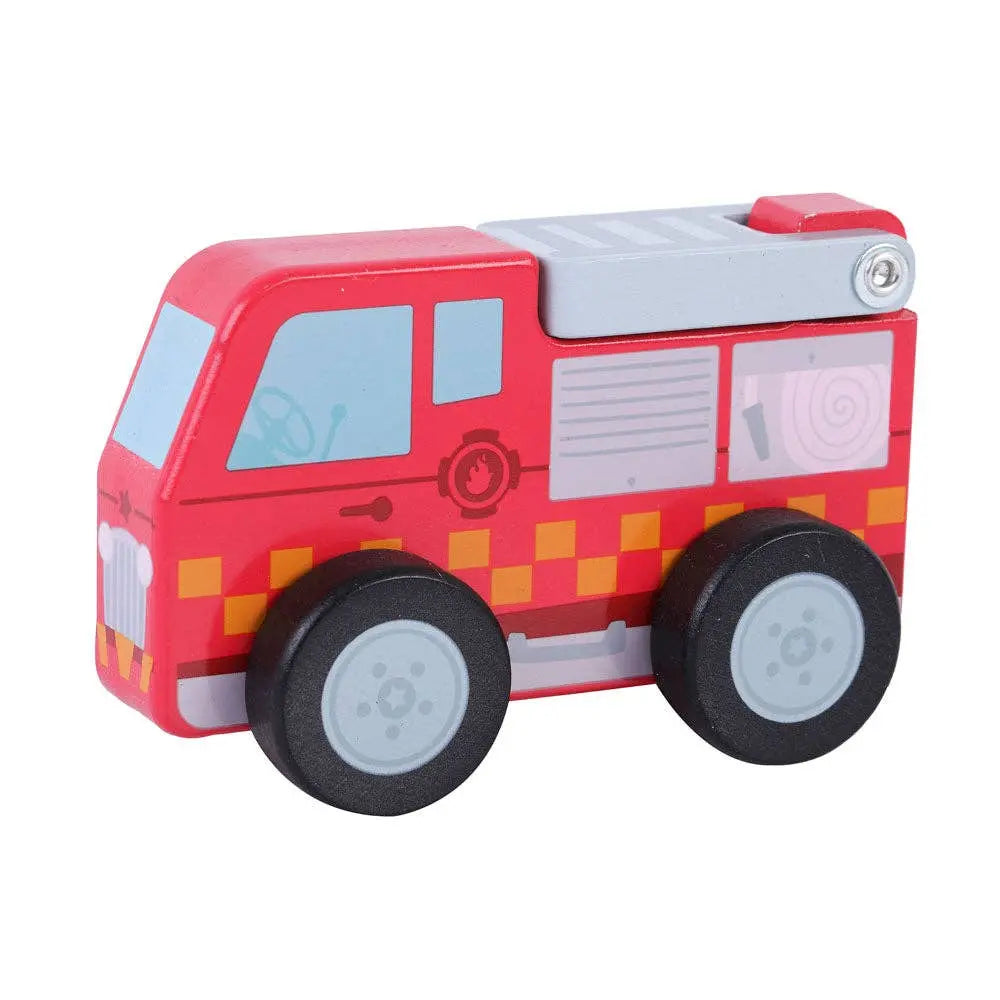 Red toy fire truck with black wheels on a white background