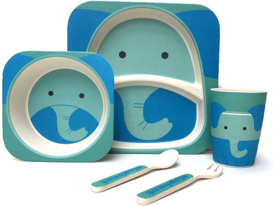 Children's 5 Piece Bamboo Dinner Set, Eco-Friendly, Dishwasher Safe (Elephant) - For The Baby