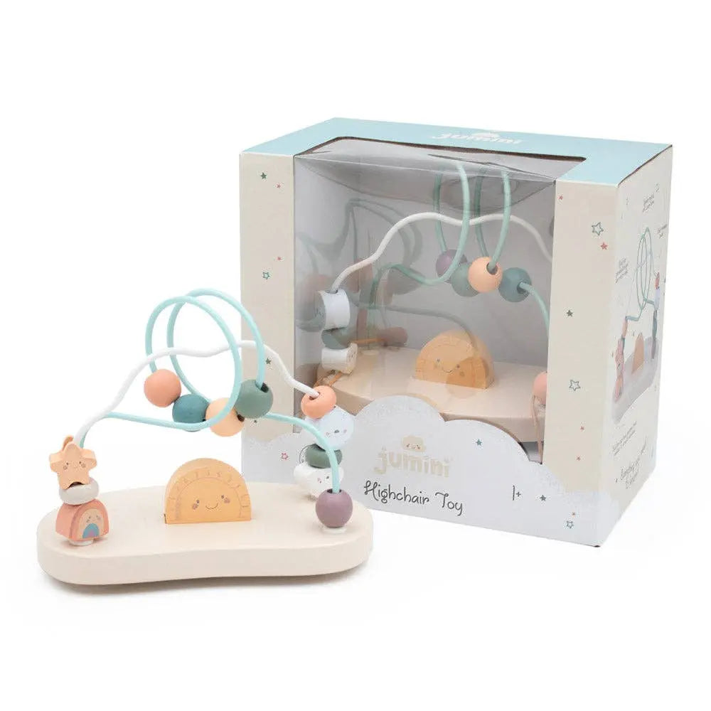 Wooden play gym toy with colourful beads and animals in a box packaging on a white background