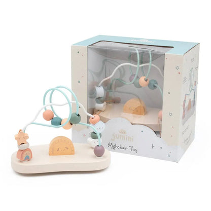 Wooden play gym toy with colourful beads and animals in a box packaging on a white background