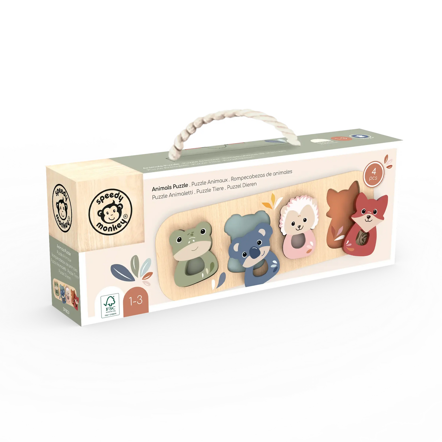 Box of wooden toys with animal designs on a white background