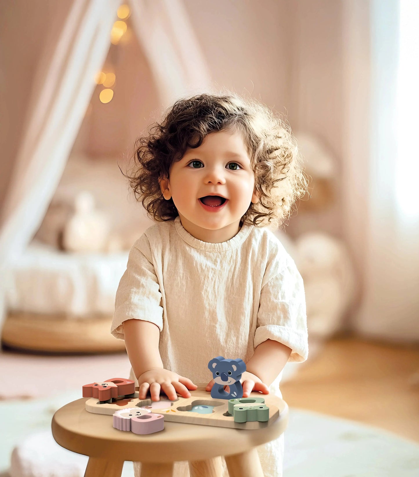 Child playing with a wooden toy on a stool in a softly lit room.