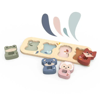 Wooden animal puzzle with colourful pieces on a white background