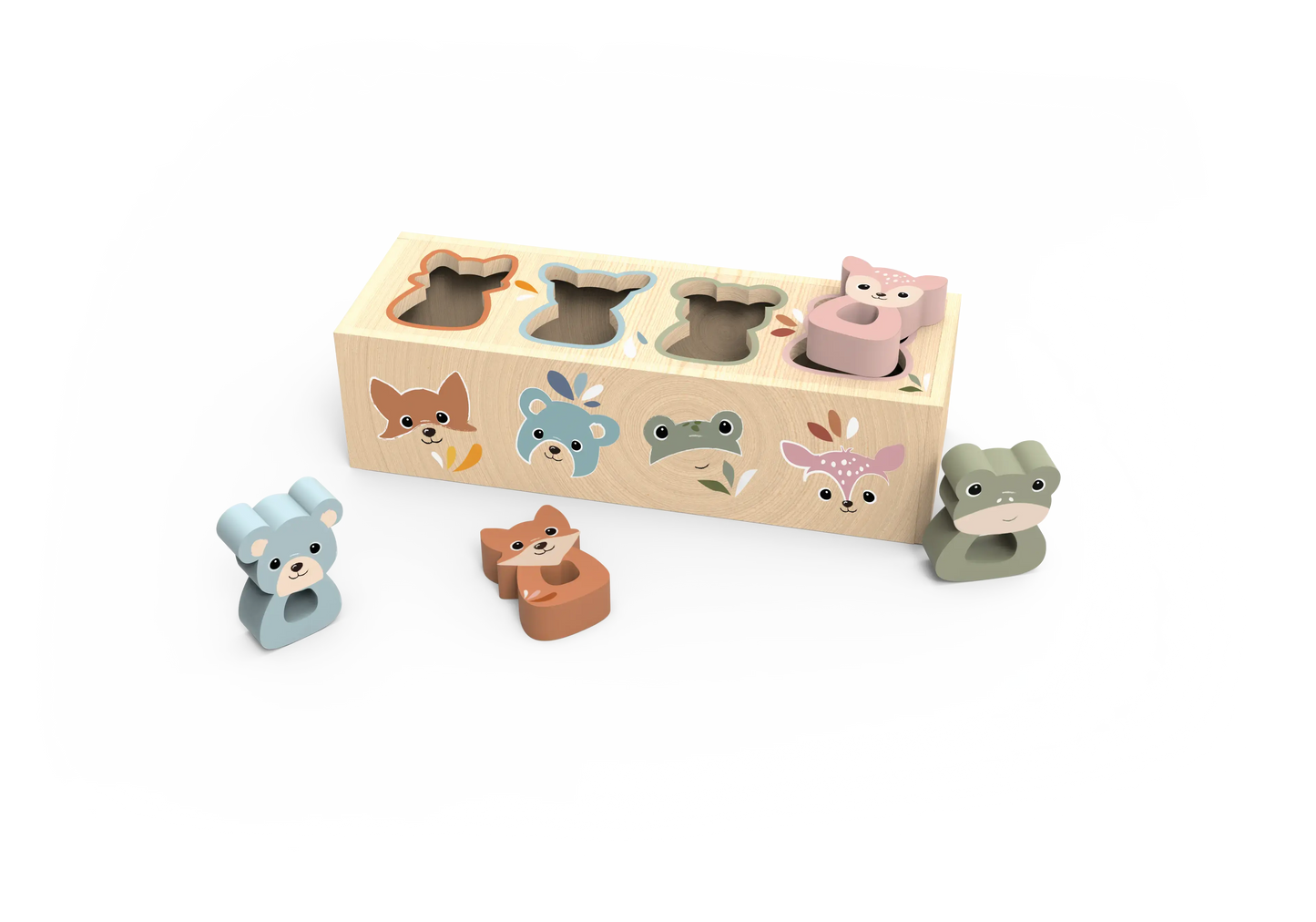 Wooden animal shape sorting toy with various animal figures on a white background