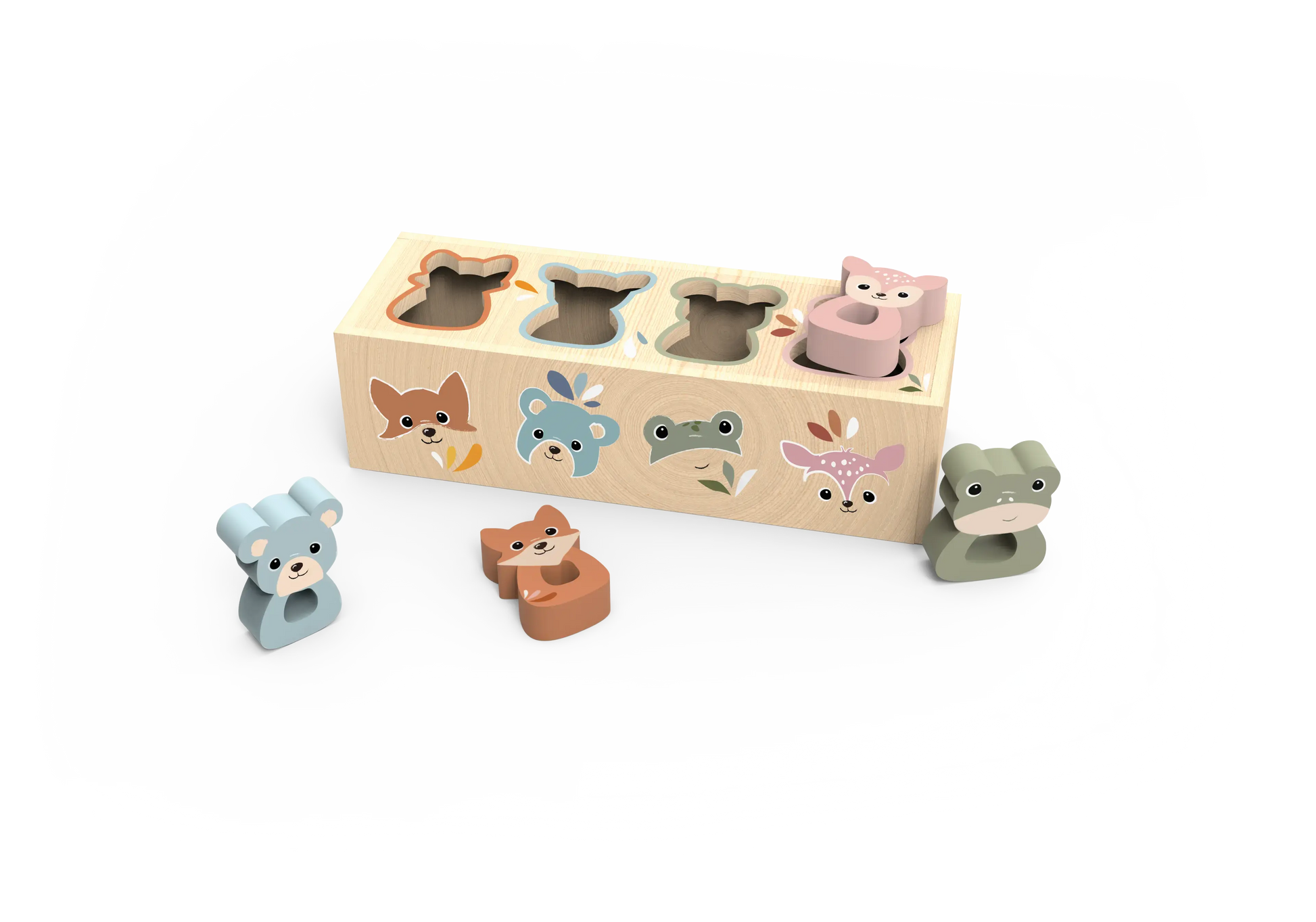 Wooden animal shape sorting toy with various animal figures on a white background