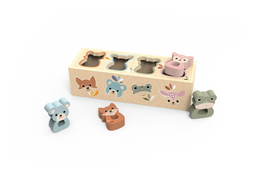 Wooden animal shape sorting toy with various animal figures on a white background