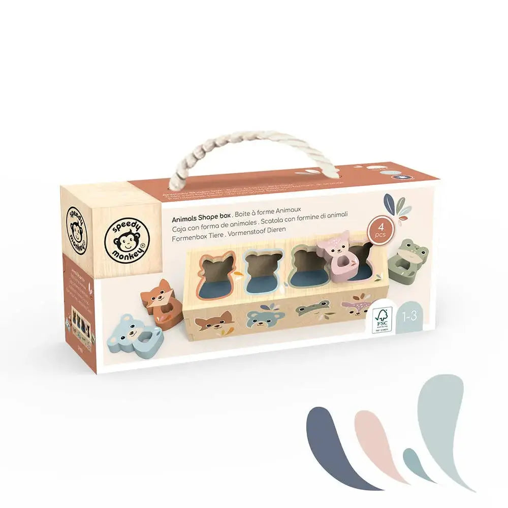 Wooden animal shape sorting toy set with packaging on a white background