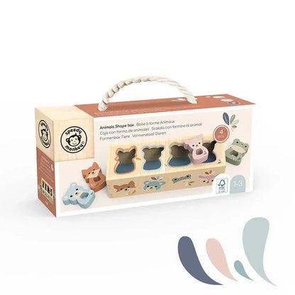 Wooden animal shape sorting toy set with packaging on a white background
