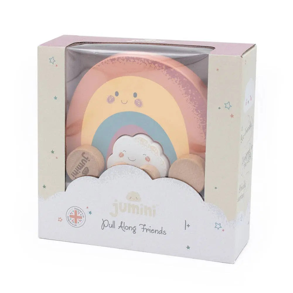 Pastel-coloured rainbow and cloud toy in a Jumini packaging on a white background