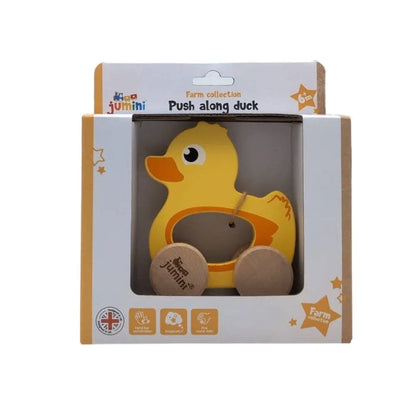 Yellow duck push along toy in a Jumini packaging on a white background