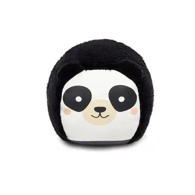 Plush toy with panda face design on a white background
