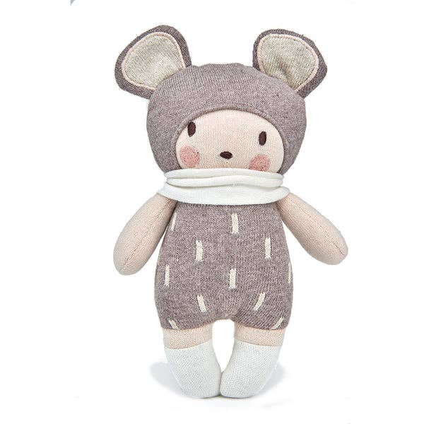 Stuffed toy with mouse ears and a cozy outfit on a white background
