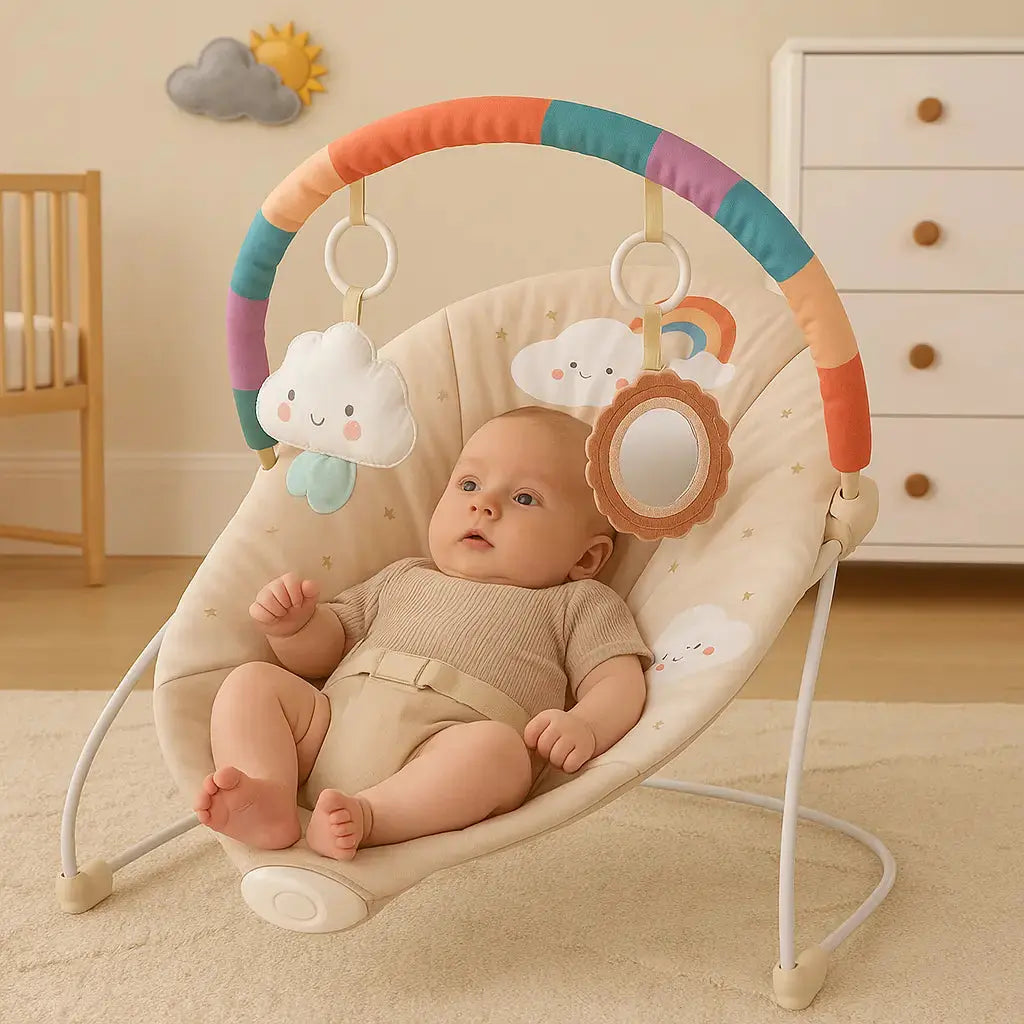 Baby in a colourful baby bouncer with toys in a nursery setting
