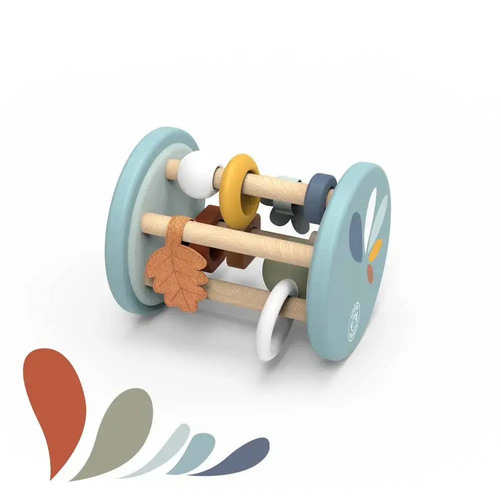 Colourful wooden toy with circular ends and a central rod on a white background