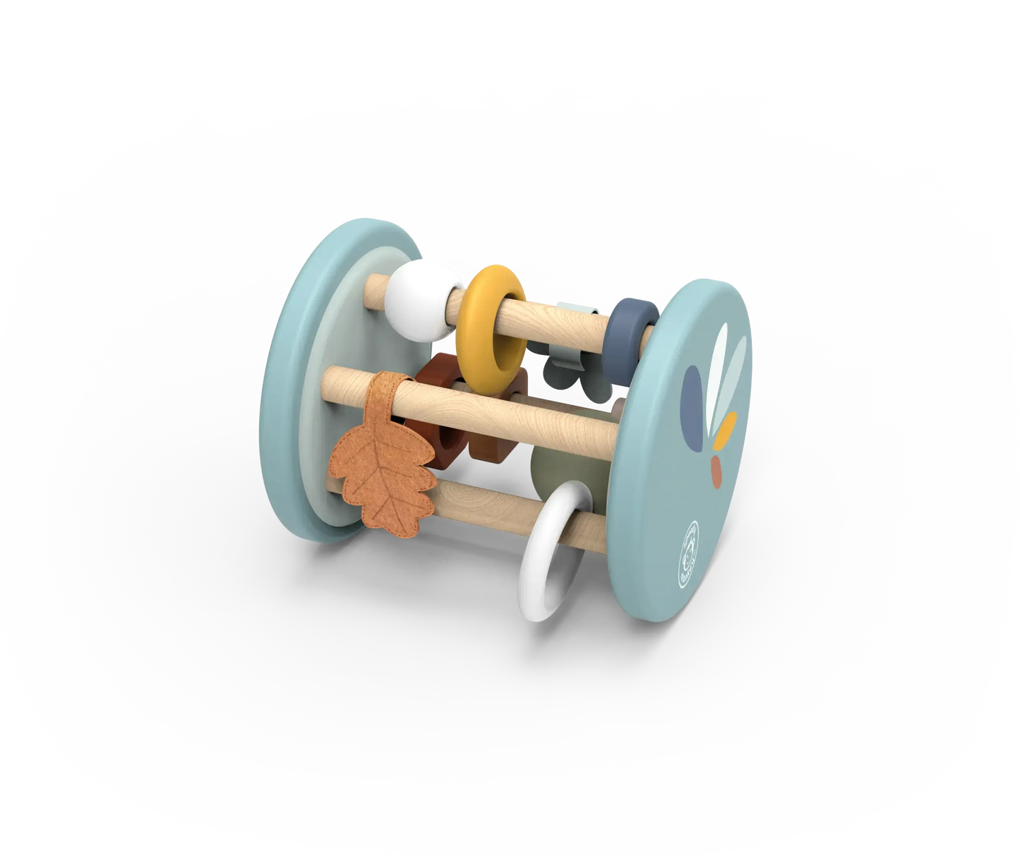 Wooden toy with colourful wheels and leaf-shaped object on a white background