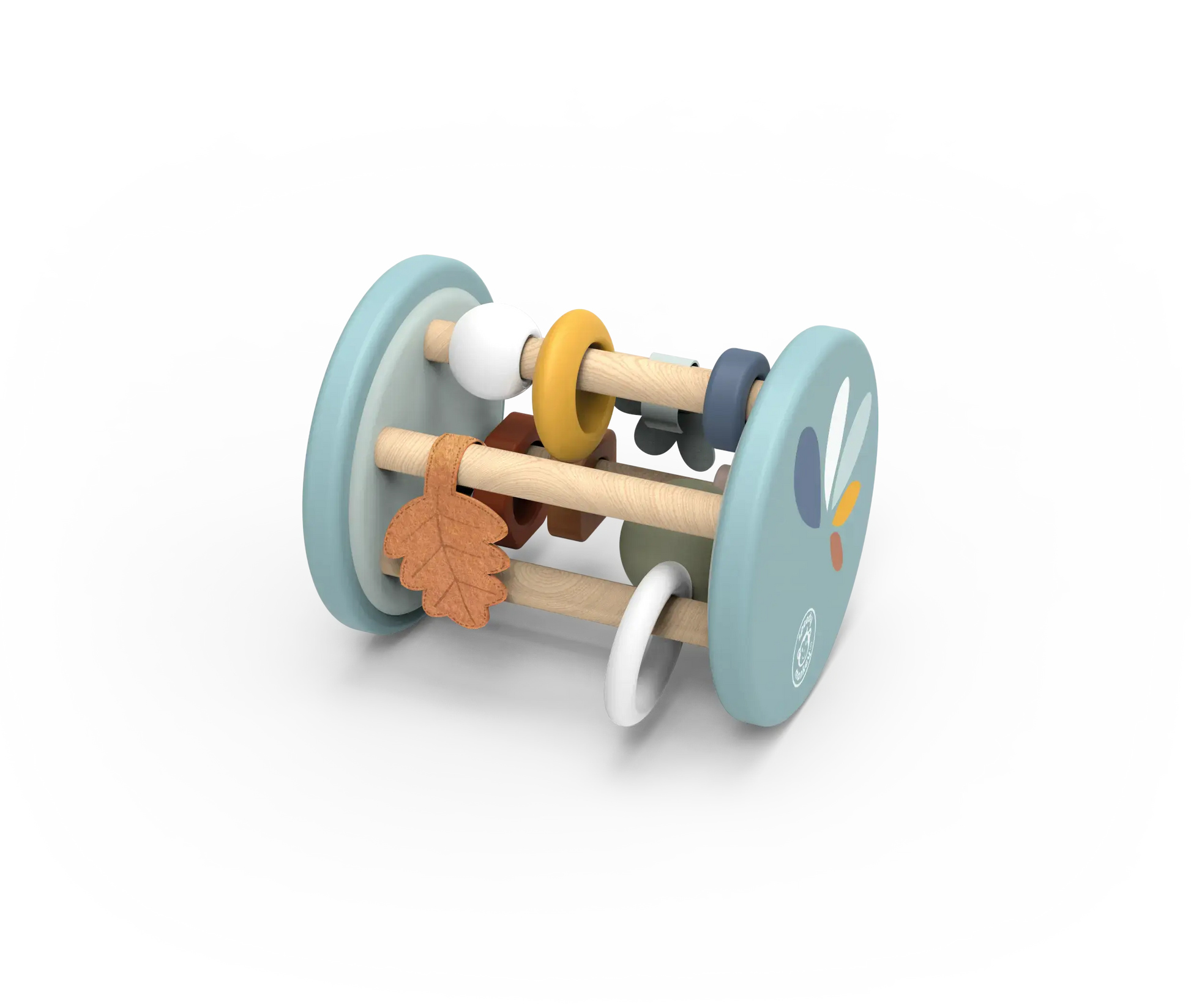 Wooden toy with colourful wheels and leaf-shaped object on a white background