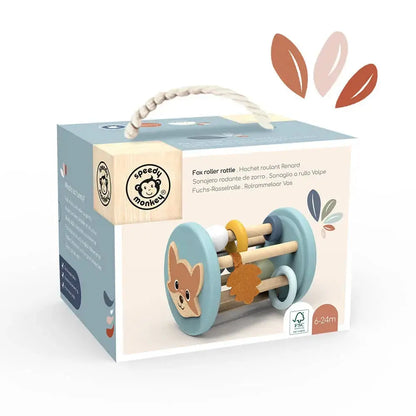Wooden toy with fox design on a Speedy Monkey packaging box