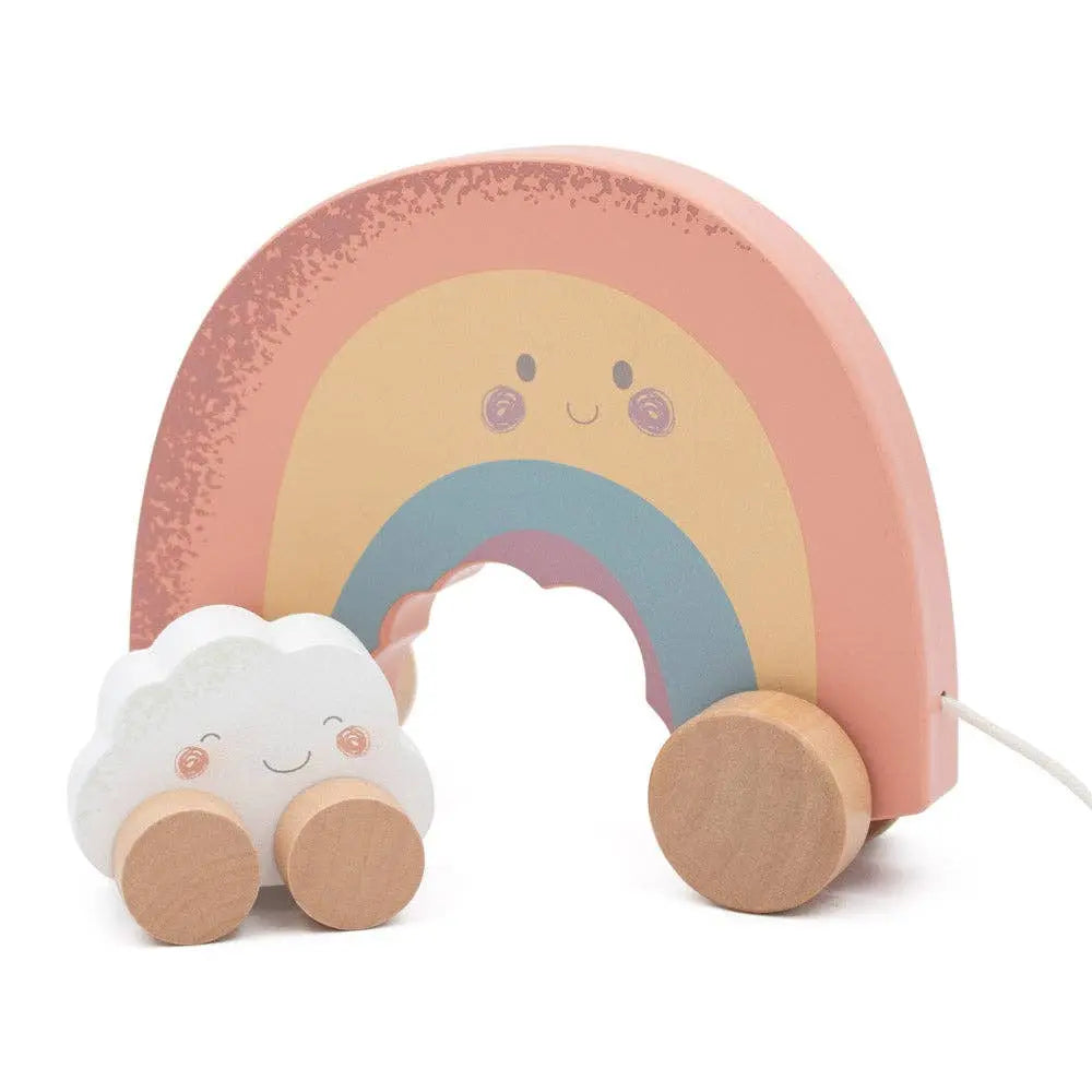 Wooden rainbow toy with a cloud on wheels against a white background