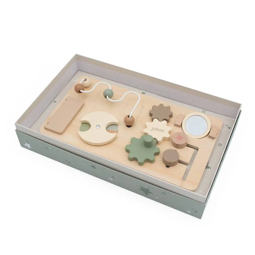Wooden toy with gears and shapes in a box on a white background