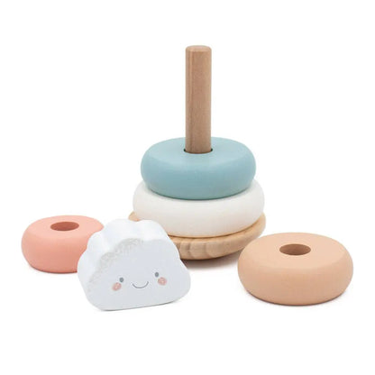 Set of colourful wooden stacking rings with a cloud-shaped toy on a white background