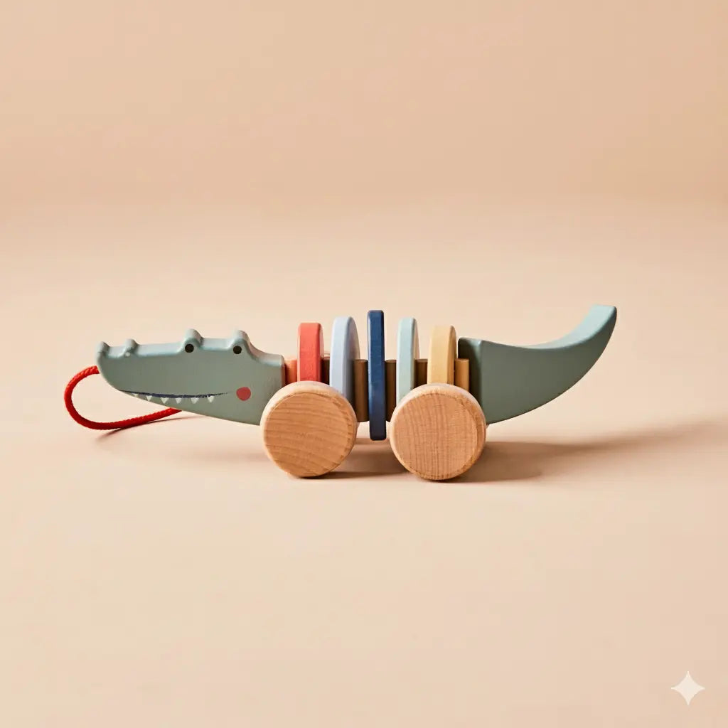 Wooden toy crocodile with colourful rings on a beige background