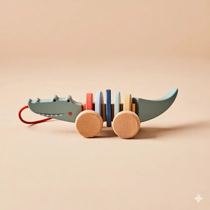 Wooden toy crocodile with colourful rings on a beige background