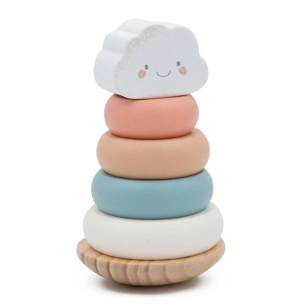 Stack of colourful wooden rings with a cloud-shaped top on a white background